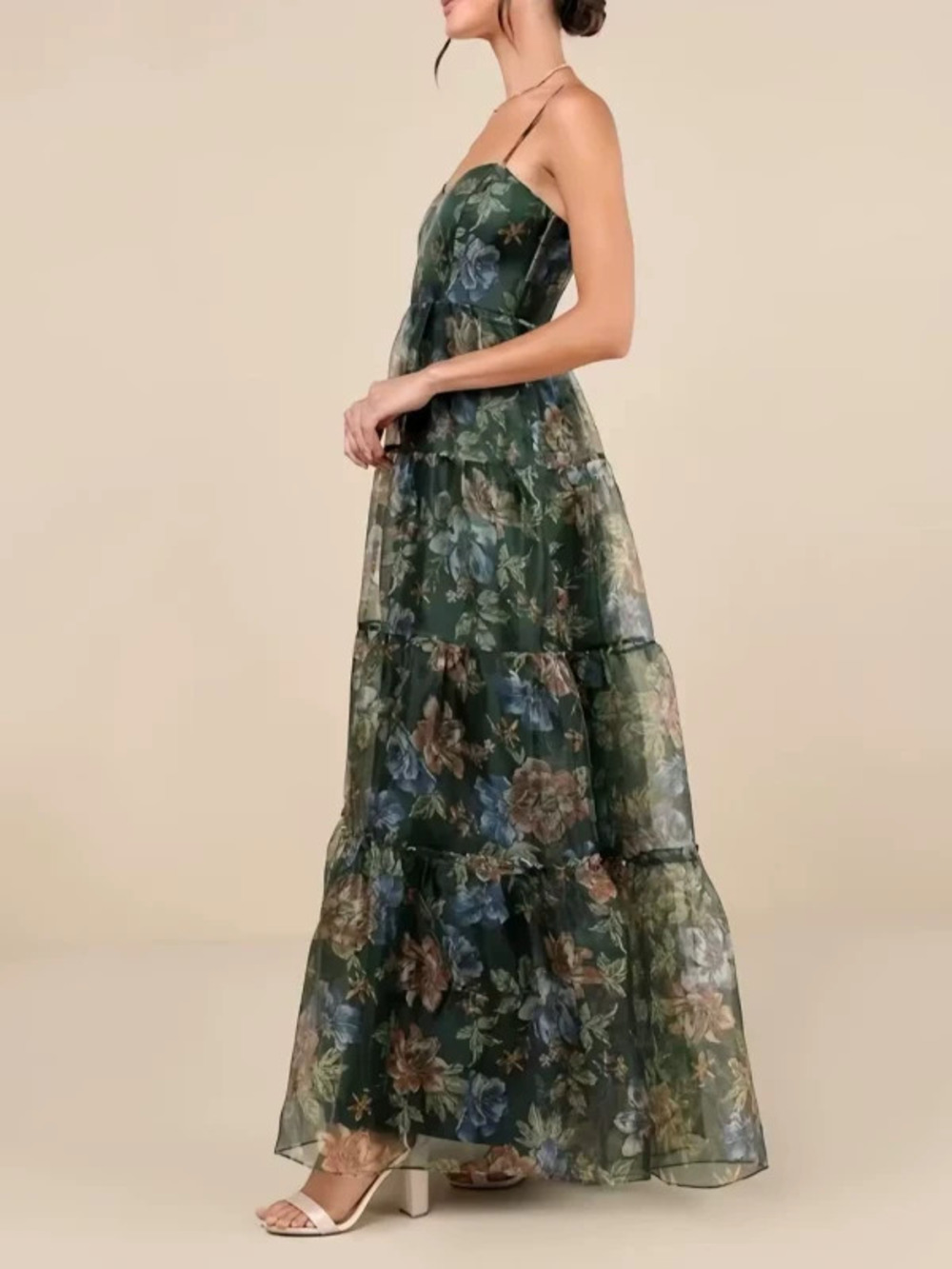 Dark Green Vintage Floral Print Tiered Cami Maxi Dress Flowy Mesh Fairy Vacation - Picture 2 of 4